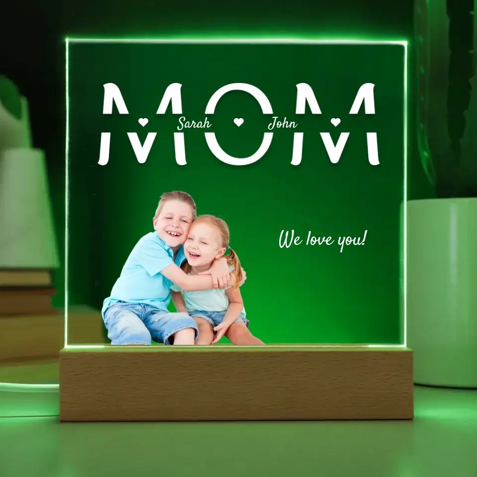 Upload your photo - Mom with names and message LED acrylic light