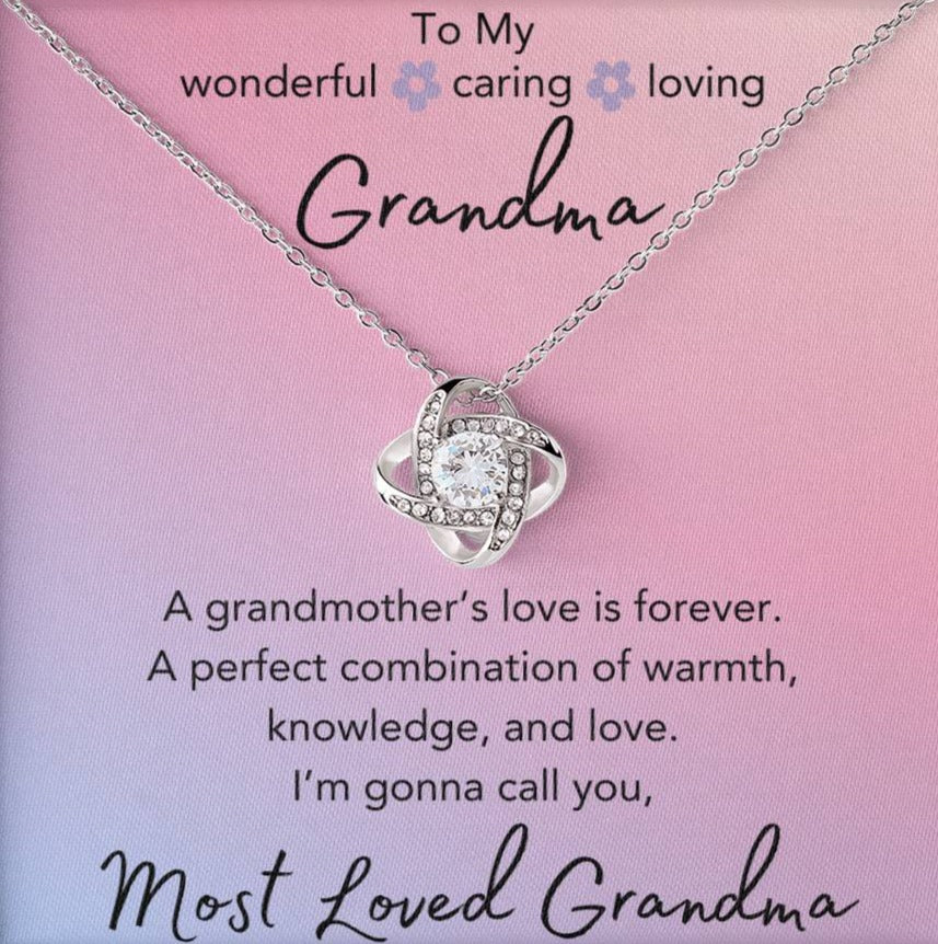 Most Loved Grandma - Love Knot Necklace with Luxury LED Mahogany Style Box