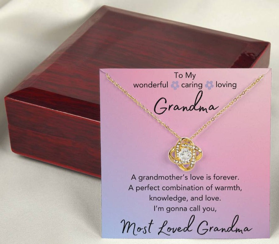 Most Loved Grandma - Love Knot Necklace with Luxury LED Mahogany Style Box