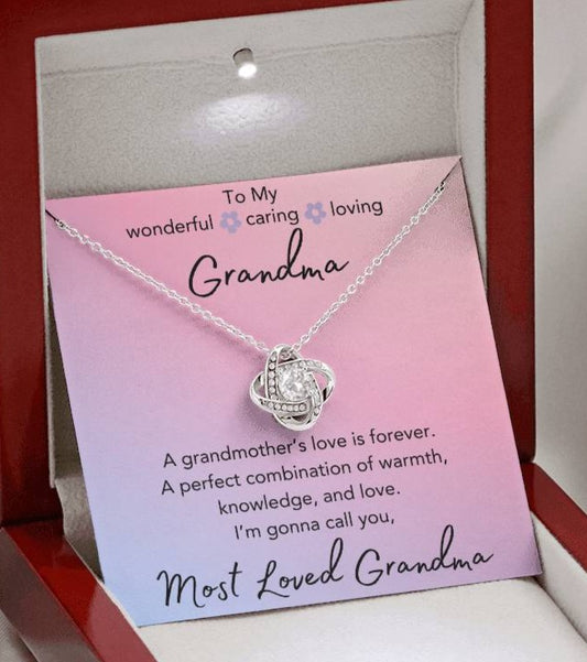 Most Loved Grandma - Love Knot Necklace with Luxury LED Mahogany Style Box